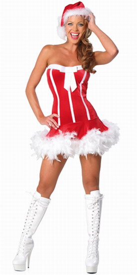 Red Fluffy Hem Strapless Sheath Christmas Costume